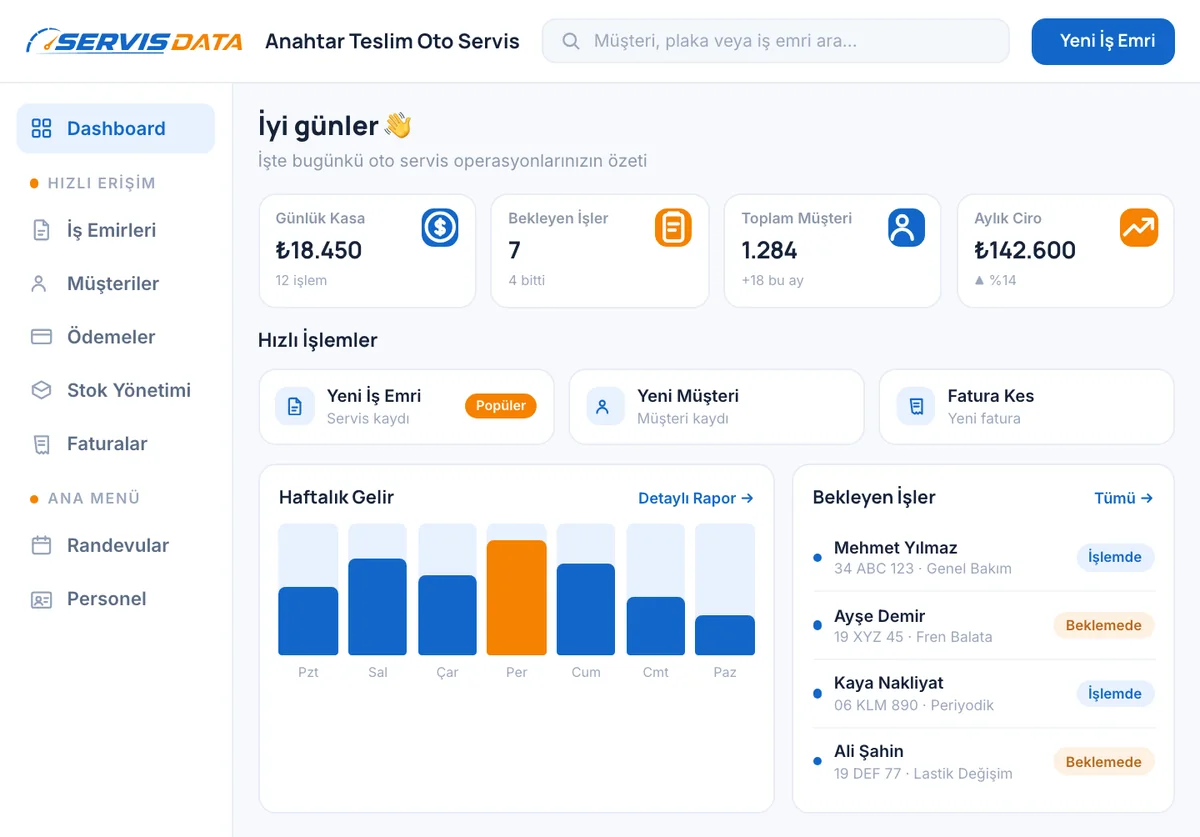 ServisData – Bulut tabanlı oto servis yönetim platformu ekranı